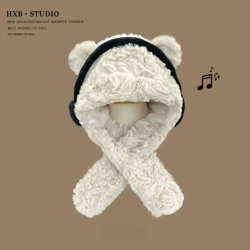 دافئ فروي سماعة الدب وشاح المتكاملة قبعة المرأة الخريف الشتاء المألوف واقية الأذن قبعة الباردة والدليل على الكرة كاب #5