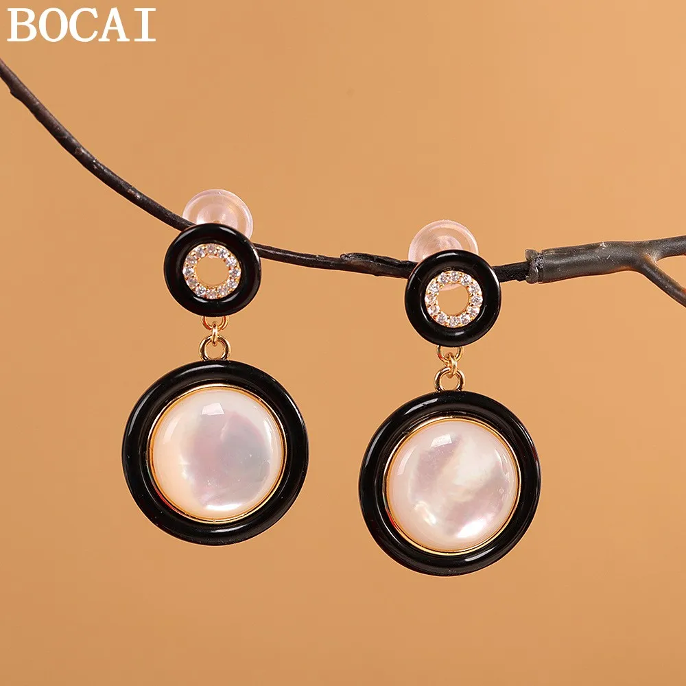 

BOCAI S925 Silver Fashion Luxury Gold Plated Jewelry Set with Black Agate Shell Earrings - Women's Gift