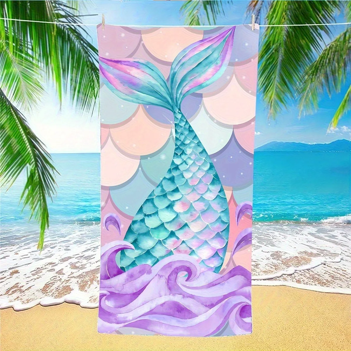 Watercolor Gradient Mermaid Tail Wave Scale Beach Towel Quick Dry Light Cloth Suited To Tropical Coast Getaway Days