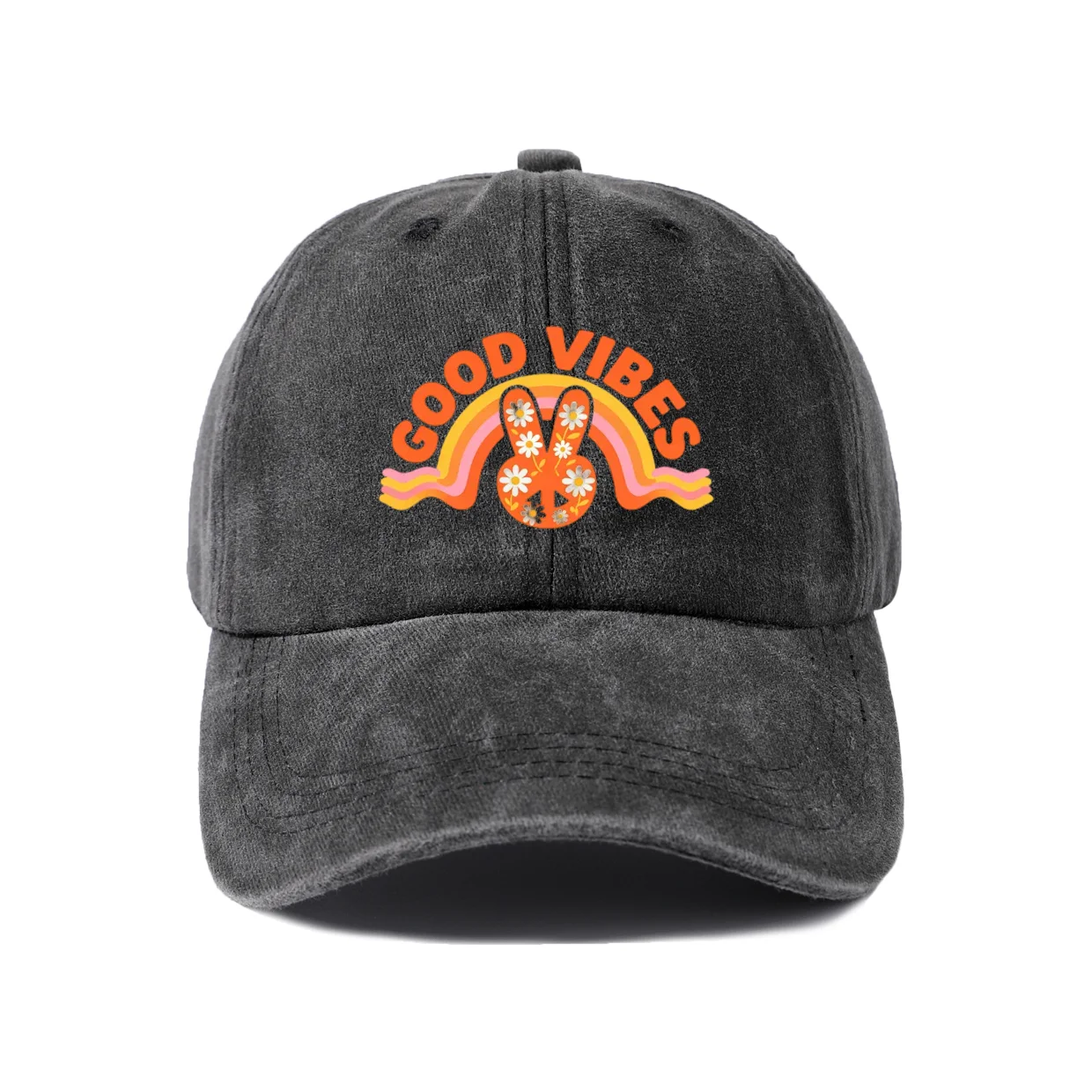 Good Vibes Rabbit Graphic Baseball Cap, Vintage Washed Adjustable Unisex Dad Hat, Everyday Gift
