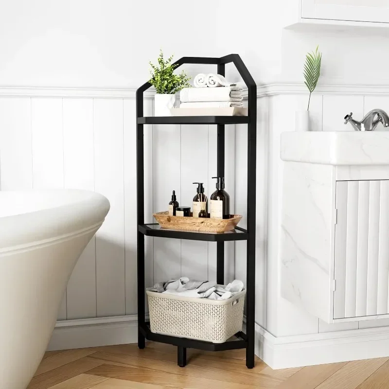 

3-Tier Corner Shelf Stand, Bathroom Storage Rack Shelf, Plant Rack, Tempered Glass, Steel Frame