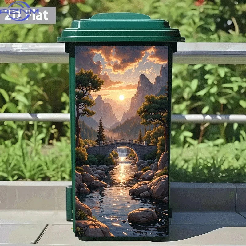 Trash Can Sticker, Stream and Bridge Sunset Scene, Animal Theme Design, Self-Adhesive Wall Decal Wallpaper, Kitchen Trash Can