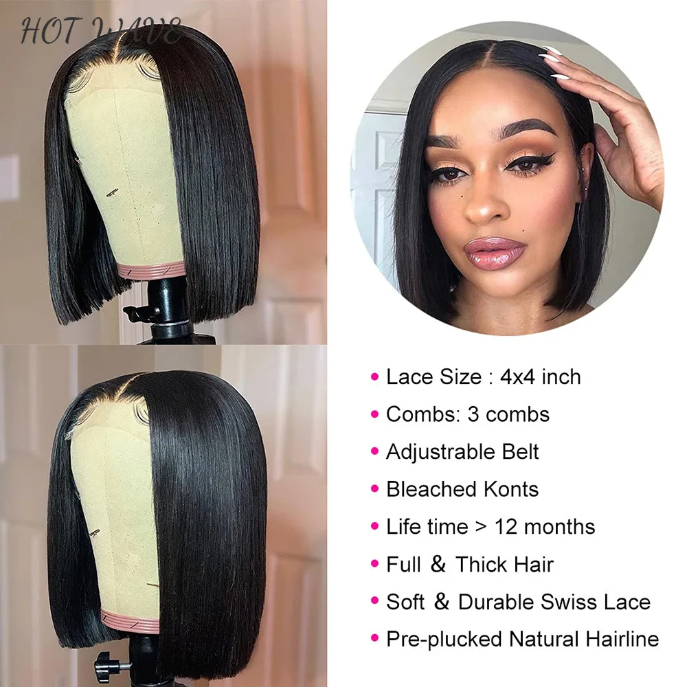 Perruque Bob Lace Closure Wig Naturelle Sans Colle, Cheveux Lisses, 4x4, HD, Prêt à vitation, Bon Marché, pour Femme