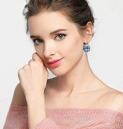 Multicolored Austrian Crystal Leverback Earrings for Women 14K Gold Plated Dangle Hoop Earrings Hypoallergenic Jewelry