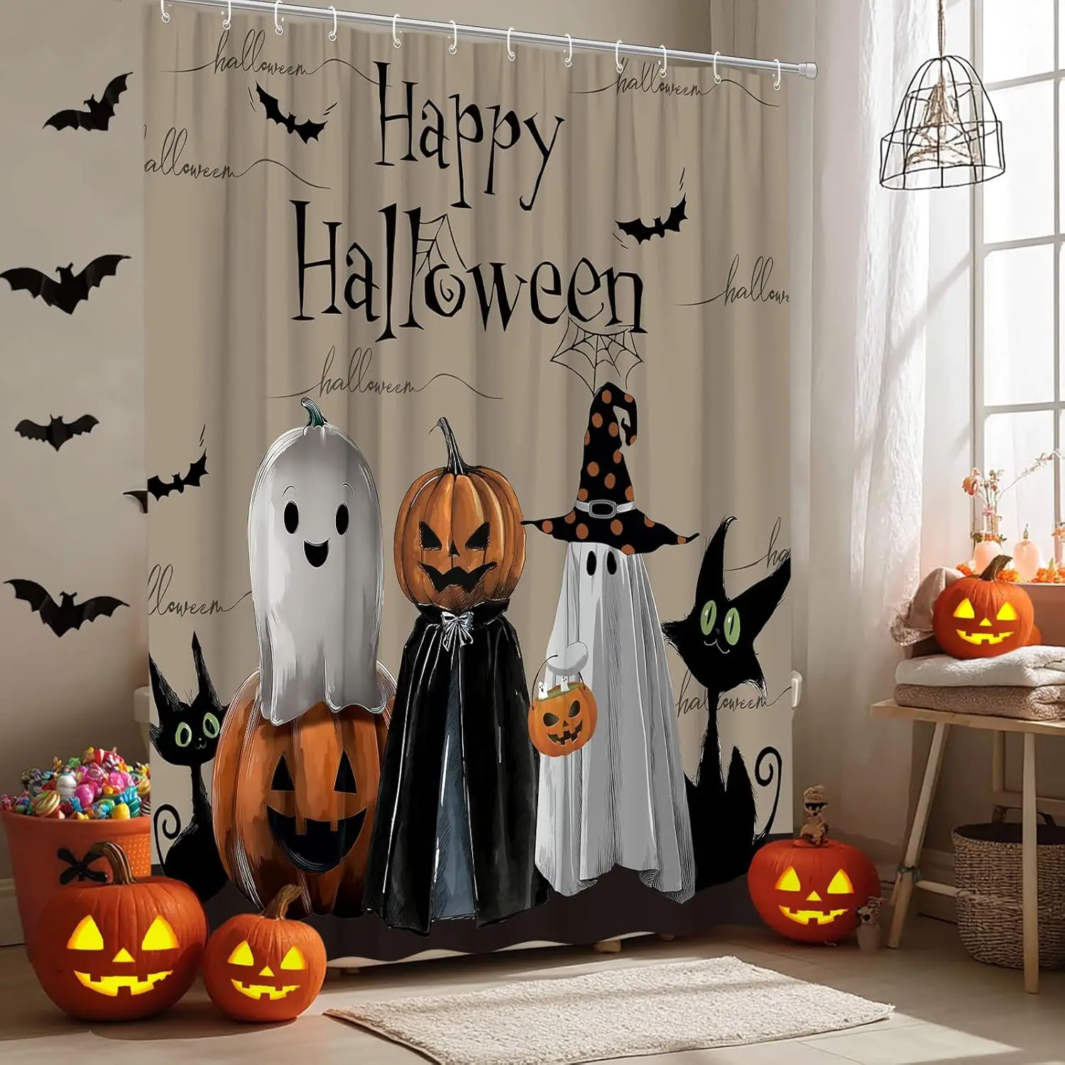 

Занавеска для душа «Счастливый Хэллоуин», забавный призрак, черный кот, тыквы, жуткий винтажный тканевый комплект занавесок для ванной комнаты на Хэллоуин с Ho