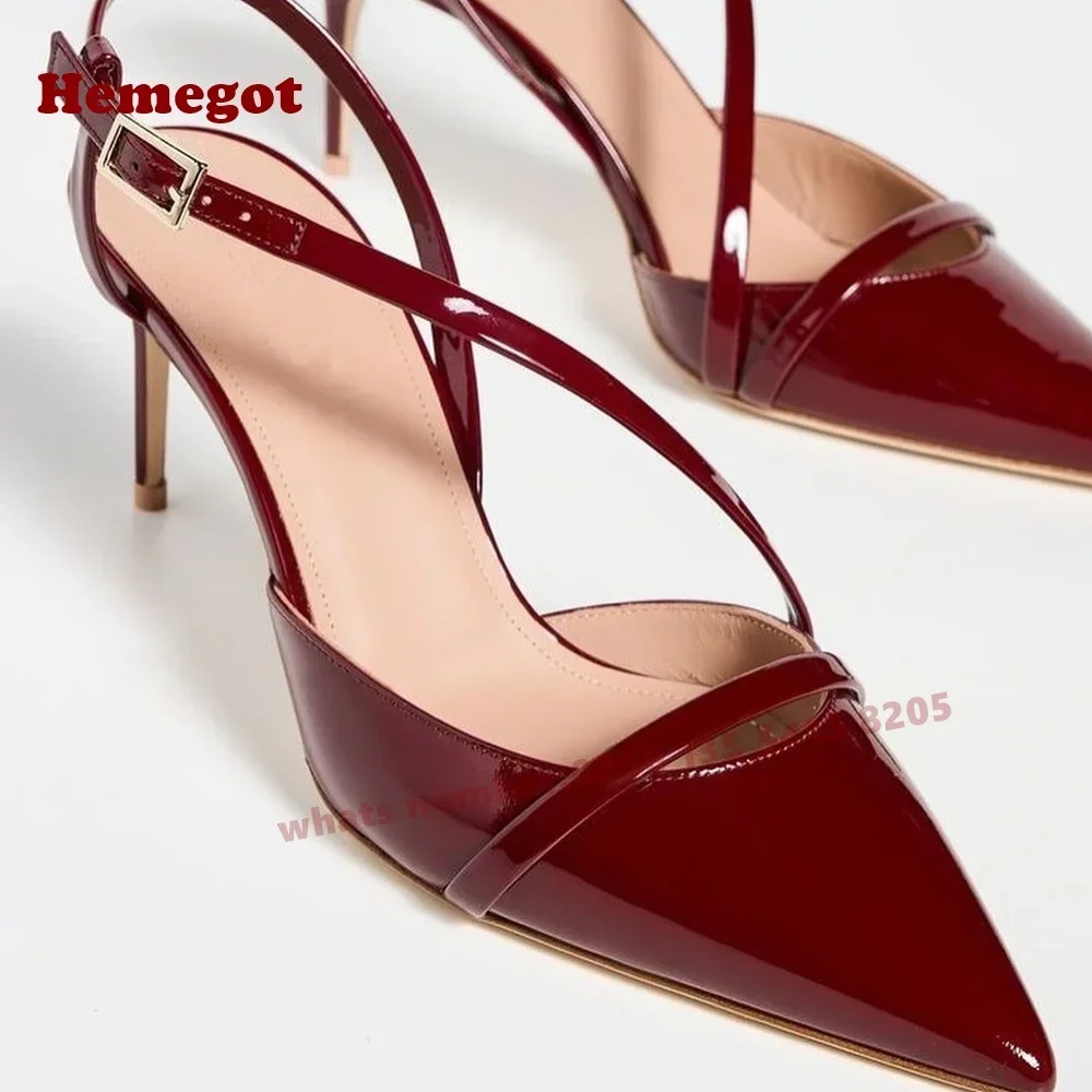 

Patent Leather Buckled Pointy Toe Women's Sandals Burgundy Cut Out Slingback Pumps Solid Side Air Stiletto Heels Summer Shoes