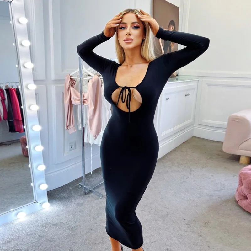 New Sexy European and American Style Long Sleeved Hollow Backless Strap Slim Fit Pure Desire Spicy Girl Dress for Women