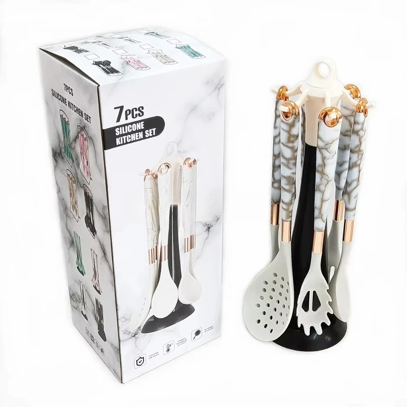 

7-Piece food-grade marble pattern handle silicone cooking set with rotating stand