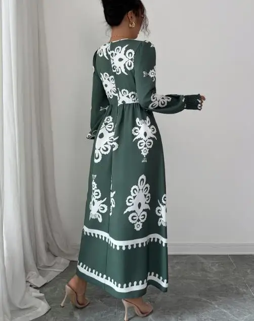 Robe longue à manches longues et col en V pour femmes, motif brodé floral avec accent de la taille et poignets à volants, robe élégante et décontractée