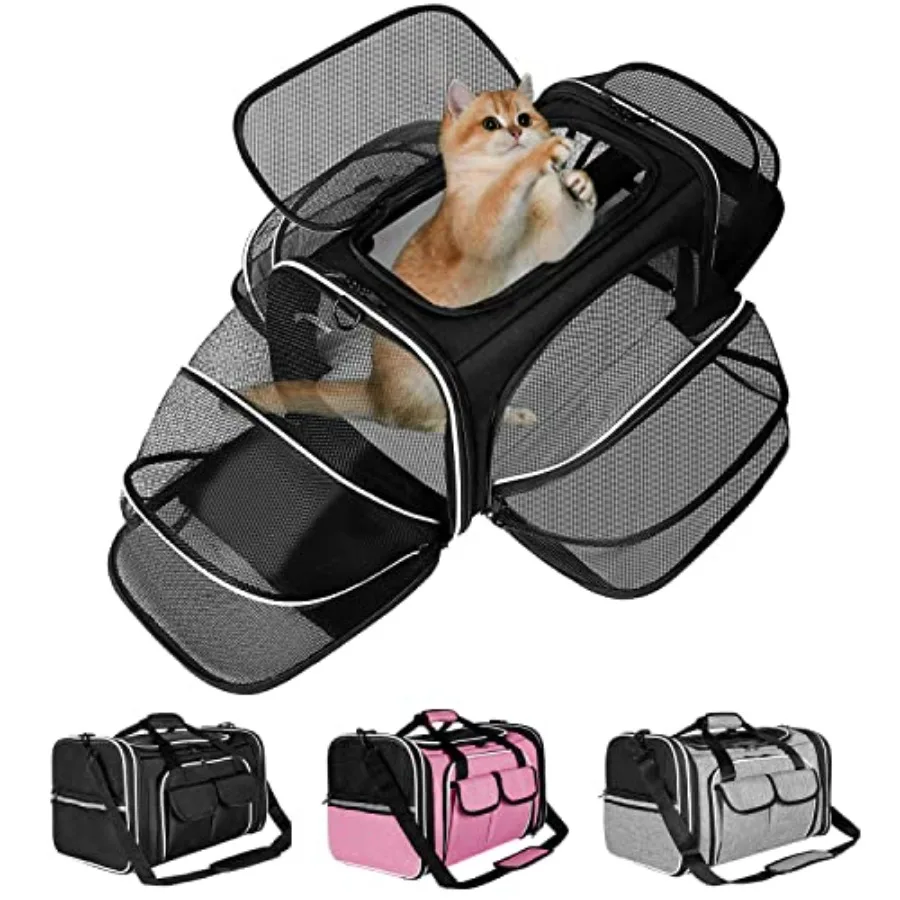 

Soft Sided Pet Carrier Airline Approved 4 Sides Expandable Collapsible Cat Carrier with Pockets Removable Fleece Pad Travel Car