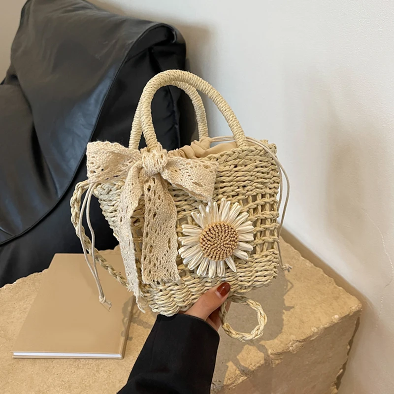 Luxus Designer Spitze Bogen Stroh Weben frauen Handtasche lässige Umhängetasche Kleine Eimer Tote Sommer Strand Tasche