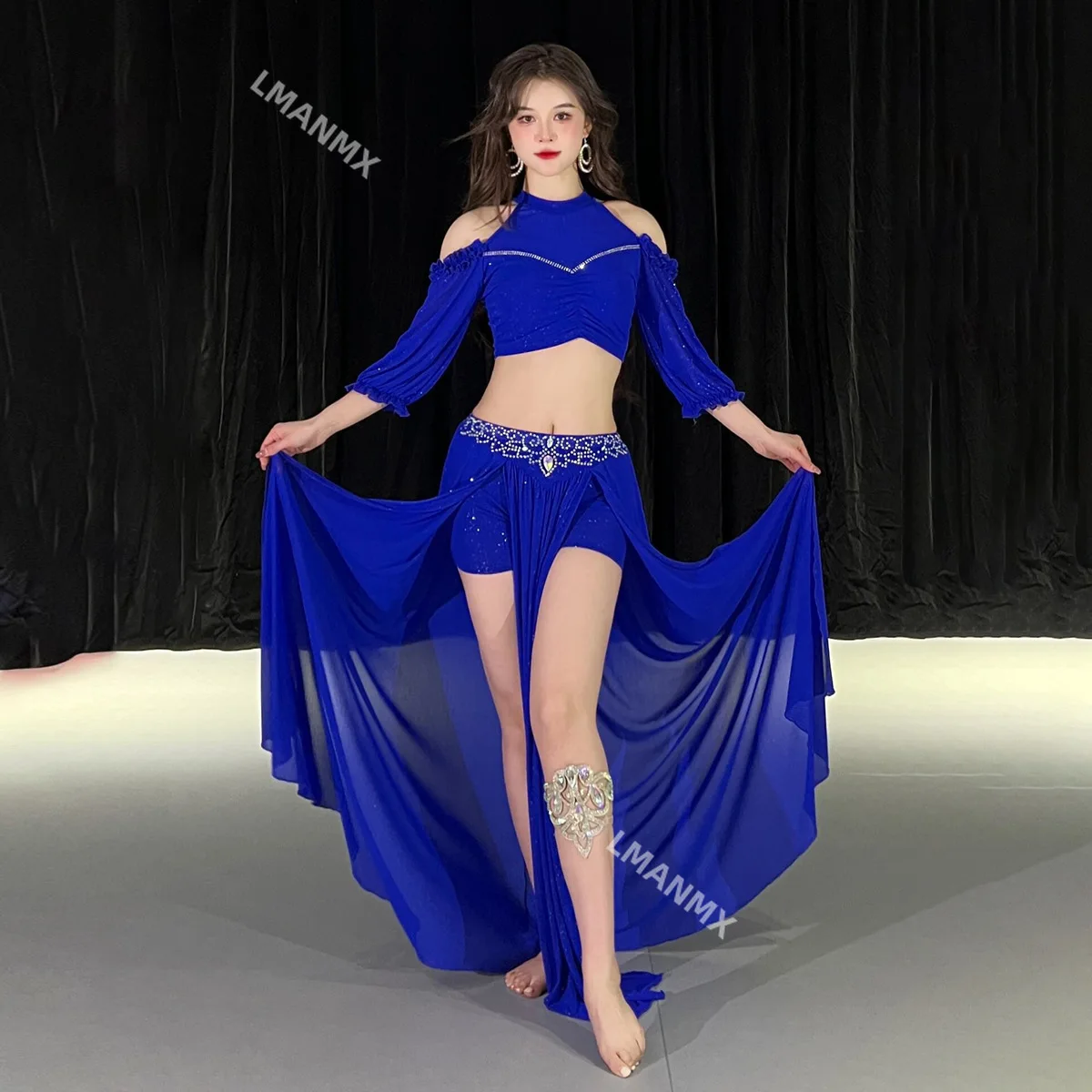 Conjunto de traje de dança do ventre para mulheres gaze meia manga top + saia dividida com pedras ab sênior 2 peças roupa de dança do ventre oriental adulto