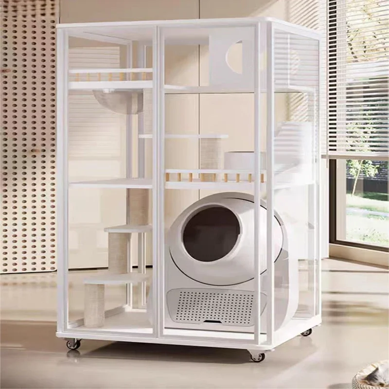 Panoramic glass cat villa household solid wood cat cage litter basin integrated luxury house