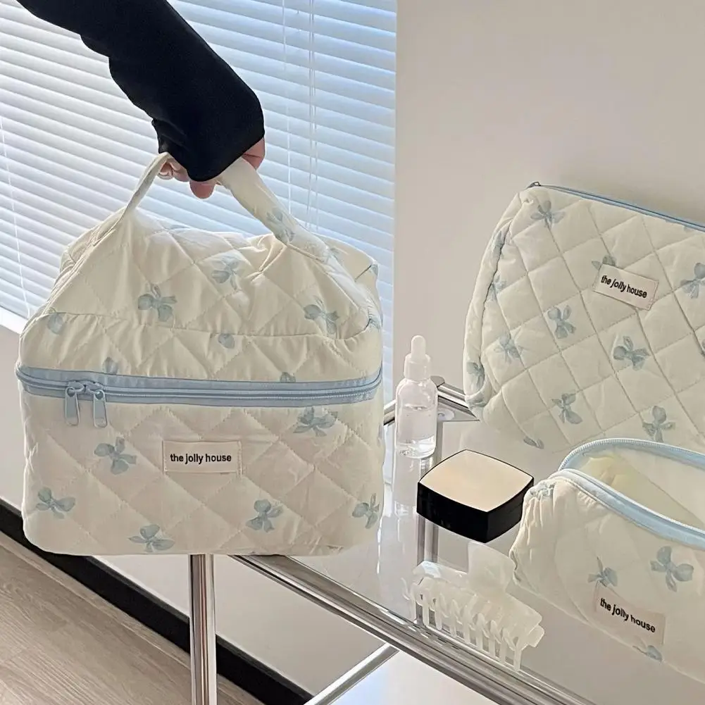Cute Bow Flower Quilting Cotton Makeup Bag Women's Zipper Cosmetic Organizer Portable Female Cloth Handbag Toiletry Case for Gir