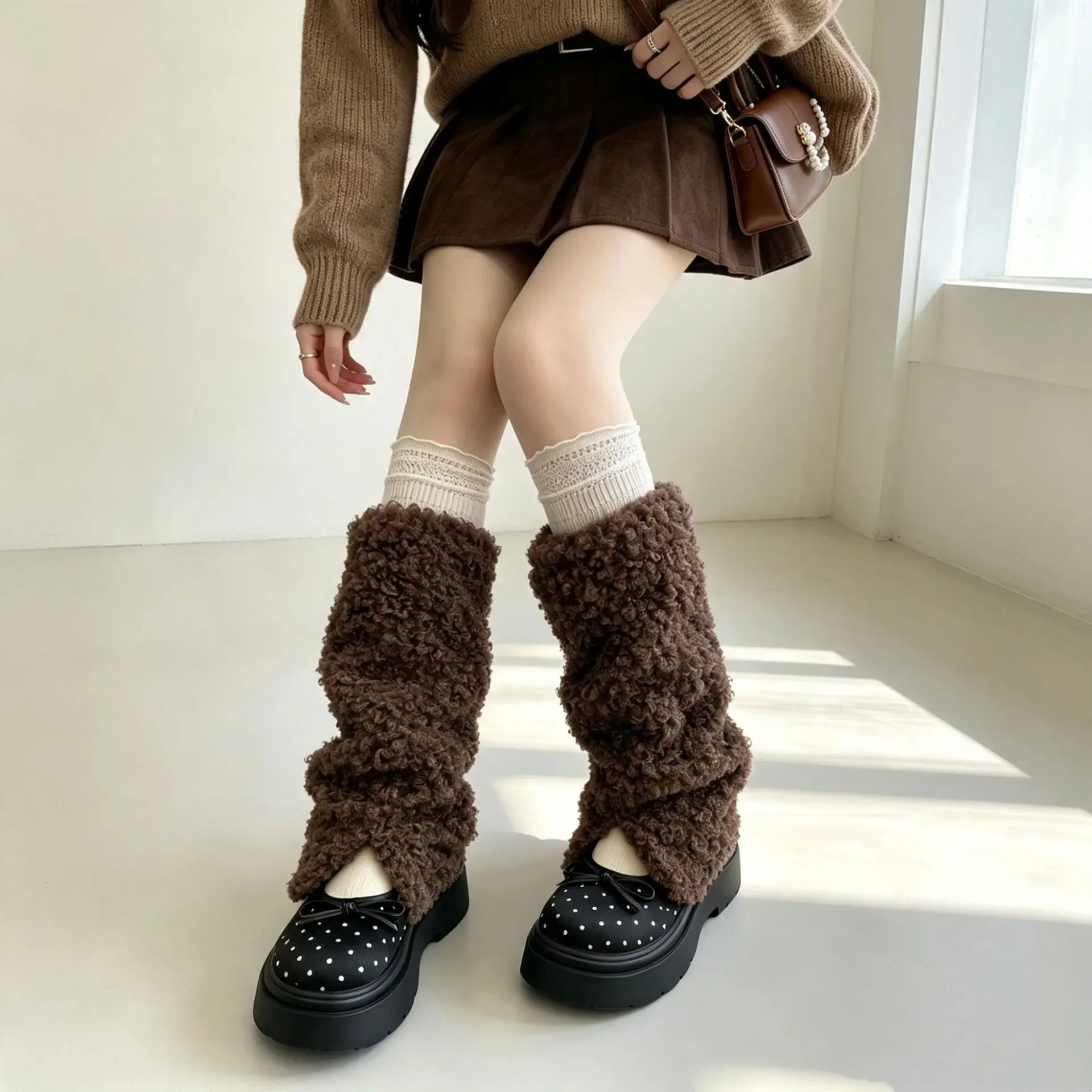Winter Vintage Faux Lamb Fur Leg Warmers Millennium Y2K Curly Fur American Cute Slouch Leg Warmers Outdoor Warm Leg Warmers