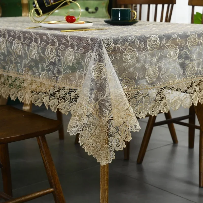 Table Cloth Beige Table Cover Embroidered Tablecloth Romantic Lace Europe Hollow Transparent Rose Flower Glass Yarn Coffee Cover