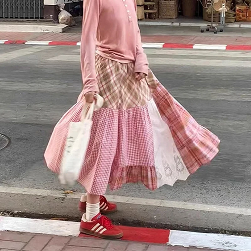 

MEXZT Harajuku клетчатая юбка-миди женские японские кружевные лоскутные юбки летние корейские модные повседневные трапециевидные юбки с высокой талией Faldas новые