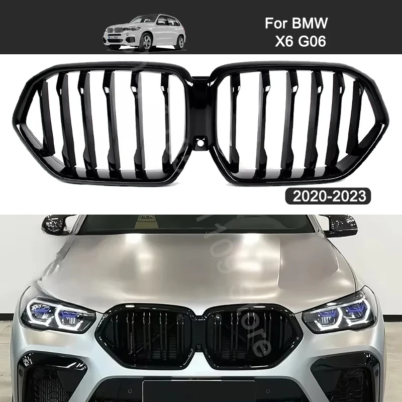 for BMW X6 G06 Series 2020-2023 Front Kidney Bumper Grille Radiator Hood Grills Glossy Black Single Slat Replacement