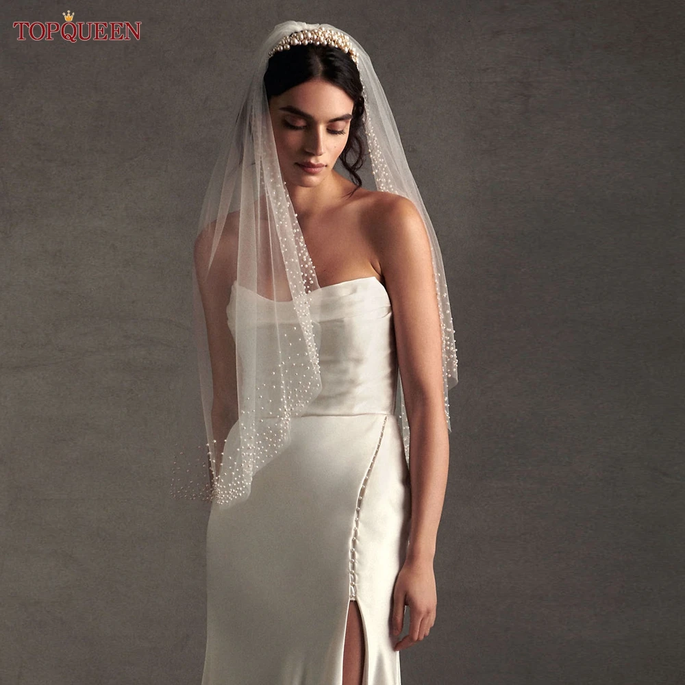 

Свадебная фата TOPQUEEN V157 с жемчугом, роскошная, элегантная, белая, кремовая, цвета слоновой кости, с гребнем, на заказ