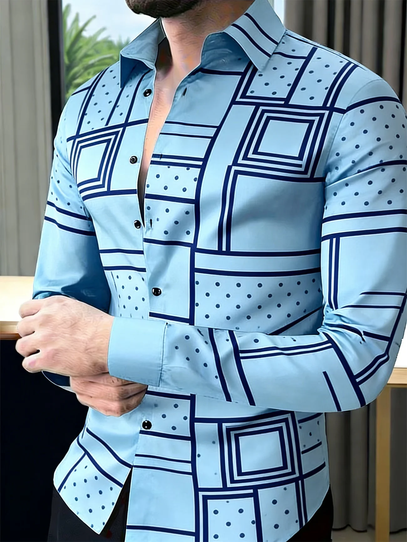 New Fluid Contrast Shirt Light Purple Milk White Satin Irregular Large Color Block Printed Men's Long Sleeve Shirt