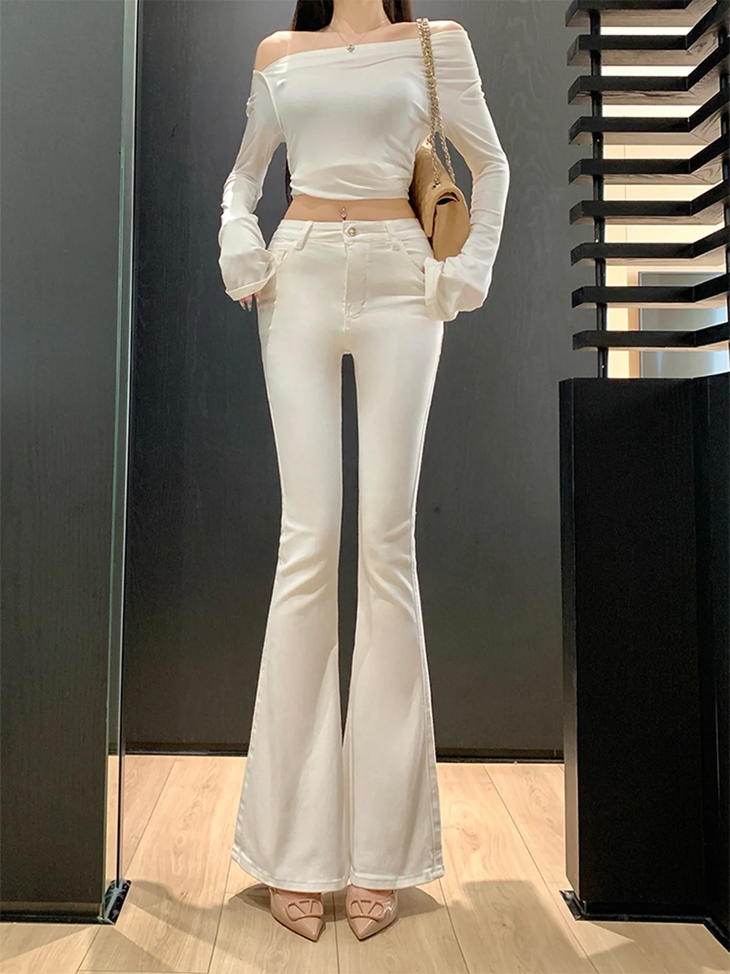 Retro americano tamanho pequeno cor cáqui emagrecimento drapey denim calças femininas outono inverno nova cintura alta perna larga calças compridas