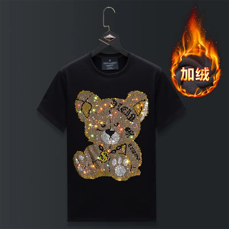 Plus Size Rhinestones Bear Cartoon T Shirts Men Winter Clothes Streetwear Short Sleeve O Neck Thick Velvet Heat Tshirt Camisetas