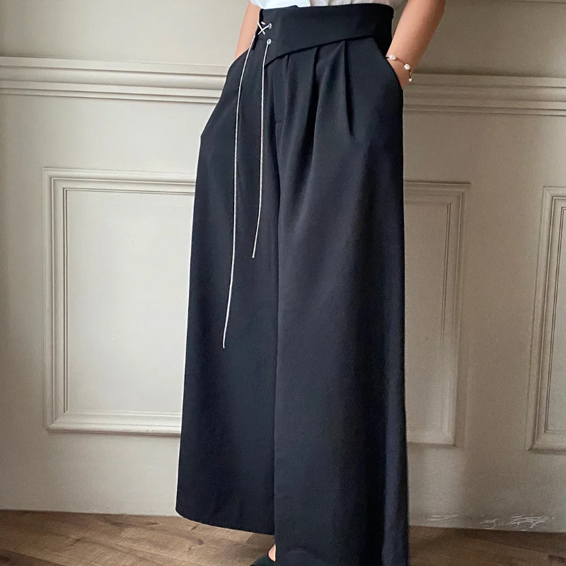 

Metal Chain Wide Waist Belt Crossed Tied Loose Leg Pants Casual Long Pants Women's Fashion High Waist Polyester Fiber