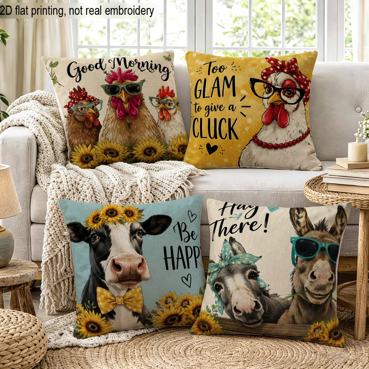 4pc Farm Animal Themed Throw Pillow Covers Cute Rustic Farmhouse Cushion Cases for Home Decor