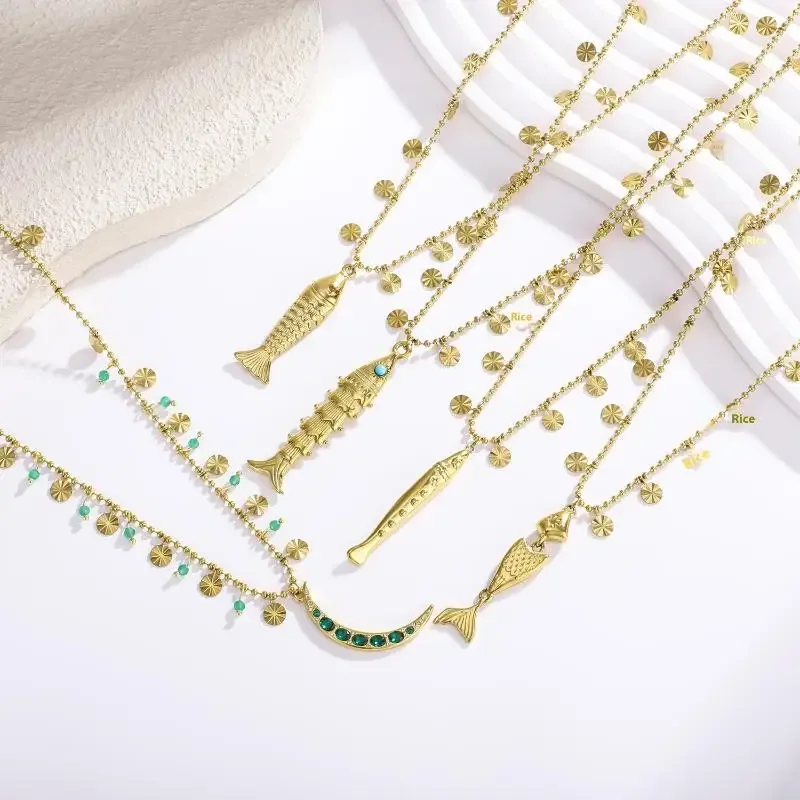 قلادة عصرية على شكل سمكة 2025 - ستانلس ستيل مع كريستال معدني |   مجوهرات بياقة بيز للسيدات، هدية عصرية