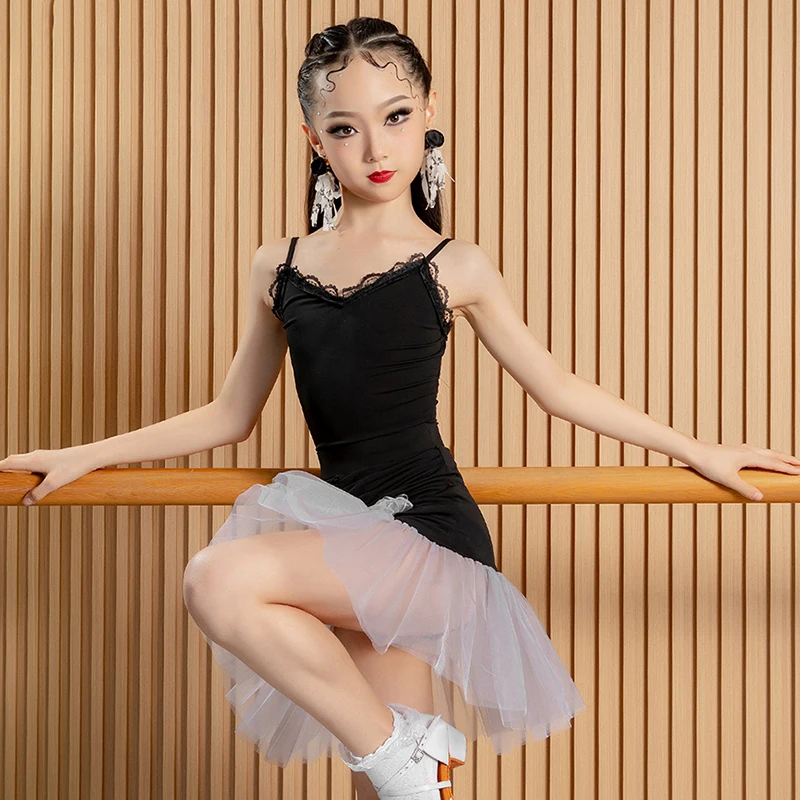 Summer Latin Dance Dress Girls Suspender Mesh Lace Black Practice Dress Rumba Samba Cha Cha Dance Clothes Show Wear DNV20008