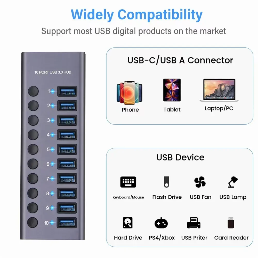 USB A 3.0 Hub Aluminum Multi Ports Splitter Concentrator Quick PD Charger Power Adapter USB C Multiple Expander Hubs With Switch