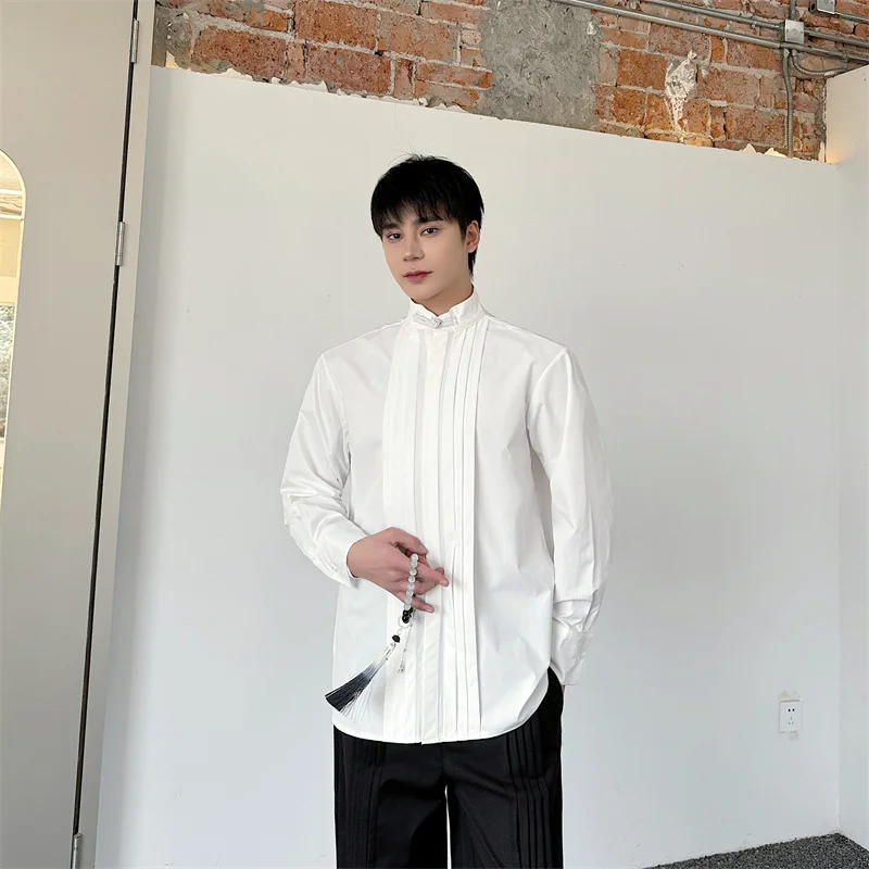 

Autumn Mens Long Sleeve Shirt Stand Collar Button up Wrinkles Free Ironing Design Casual Match All Seasons Chinese Style