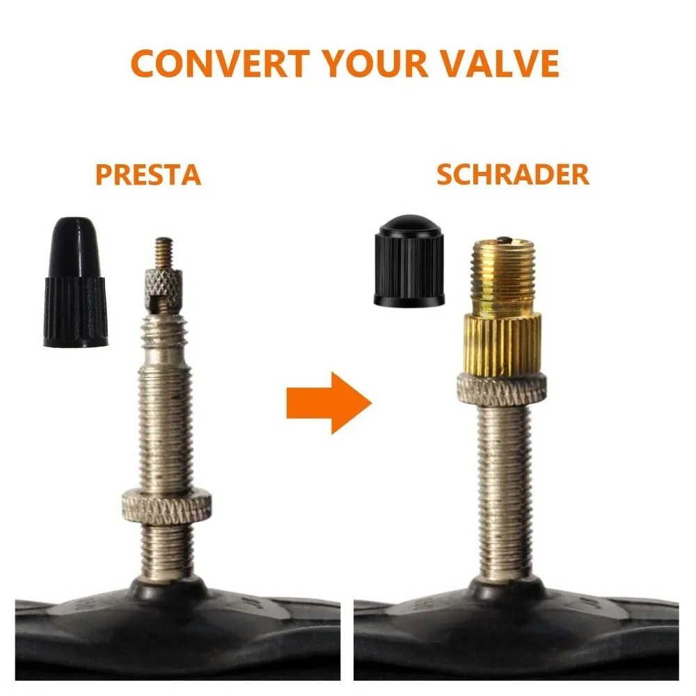 Pack of 5pcs with 10pcs Caps Bicycle Valve Conversion Head Set Copper Screw on Type Convert Presta to Schrader