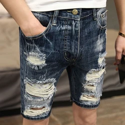 Short Jeans Pants for Men Rude Buttons Ripped Man Denim Shorts Cut Emo Xl Sale Y2k Fashion Blue Streetwear Summer Original Xxxl