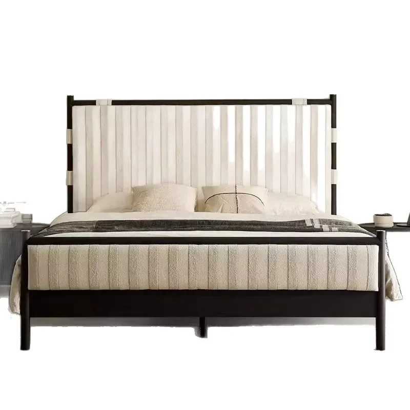 

Snow crisp solid wood bed master bedroom French 1.8 meters ash wood double high foot high screen backrest vertical striped