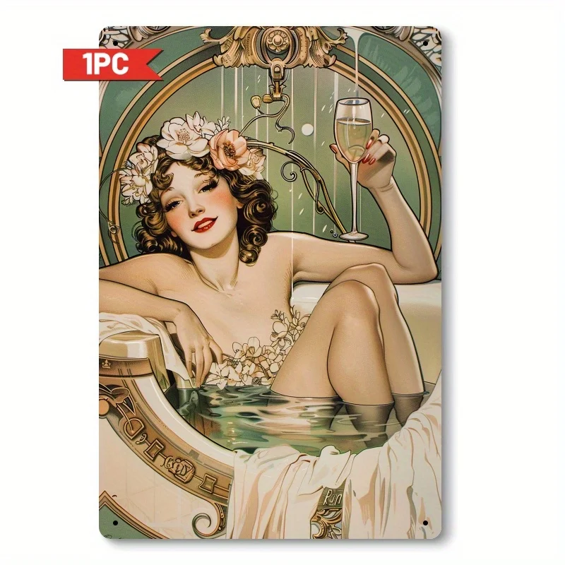 ديكور الغرفة قطعة واحدة من ديكور الغرفة - 1920s سيدة أنيقة شرب الشمبانيا في حوض الاستحمام علامة عتيقة مطلية بالقصدير، جدارية جدارية للحمام، Uniq #1