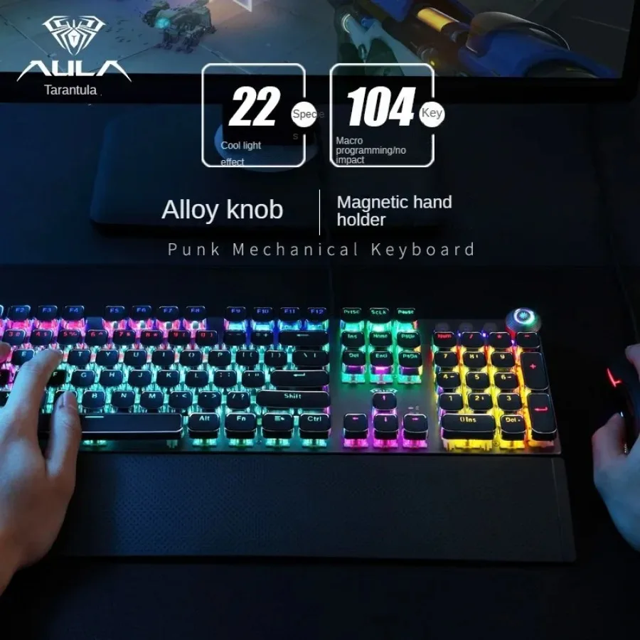 AULA F2088 Punk Mechanical Keyboard Green Axis Black Steampunk Retro Gaming Esports Wired Office 104 Keys Programmer Ergonomic