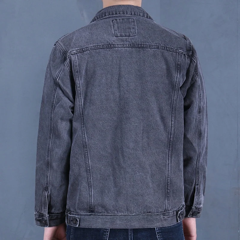 Grey Denim Jacket Men's Large Size Loose Trendy Workwear Autumn Winter High Wear Resistant Coat Youthful Energy Style Long Sl...