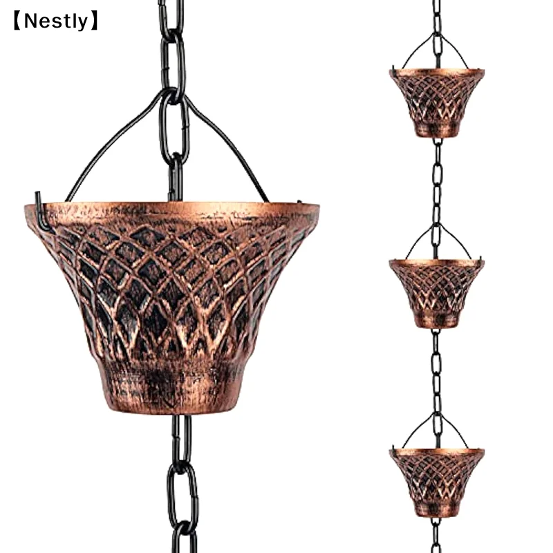 Rain Chains, Gutter Downspouts Diverter Outdoor Metal Copper Plaid Rainwater Extensions, 12 Cups〔Nest〕