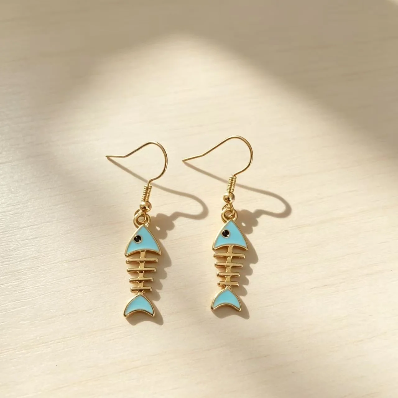 Trend Sweet Enamel Blue Color Fish Bone Shape Ocean Pendant Earrings for Women Korean Personality Jewelry Creative Accessories