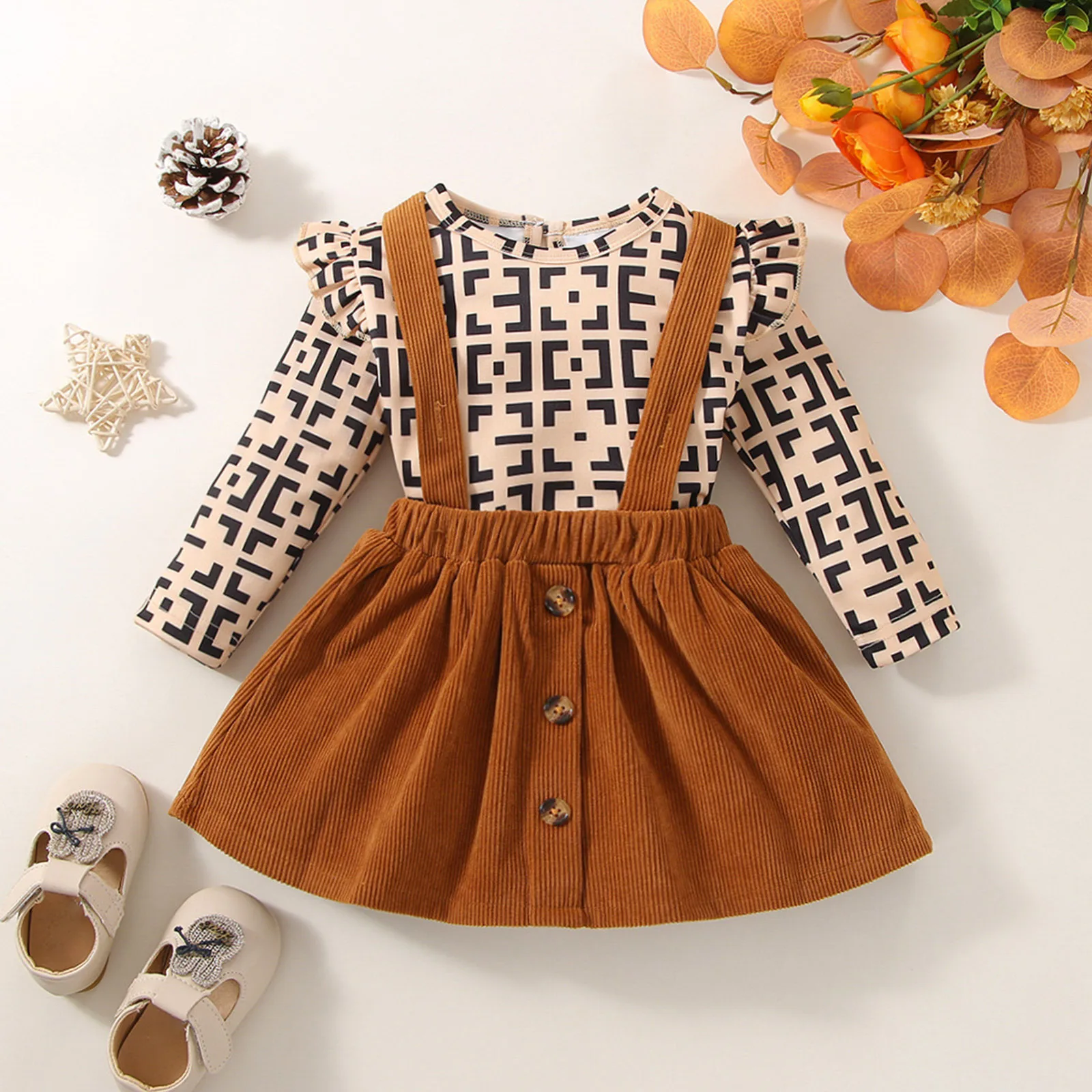 

0-24 Months Infant Baby Girls Long Sleeve Dress Sets Prints Romper Bodysuit+Suspender Skirts Set Spring Summer Toddler Outfits