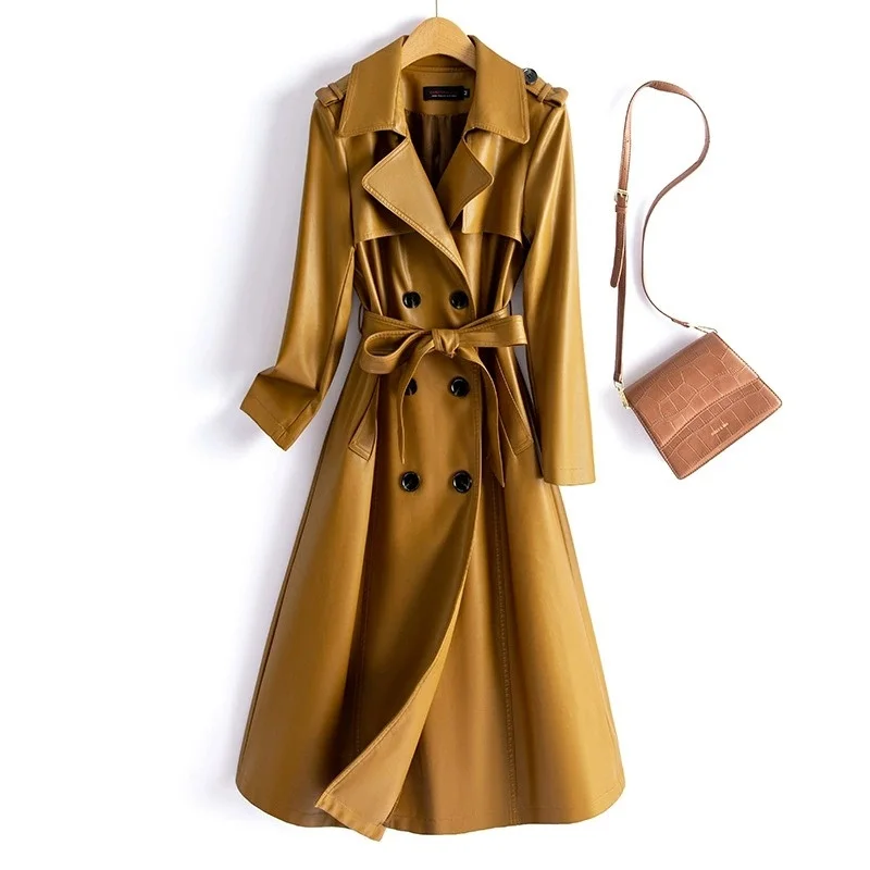 Streetwear Leather Trench Coat Women's X-long Windbreaker Spring Autumn Double-breasted Sashes Slim PU Leather Outerwear