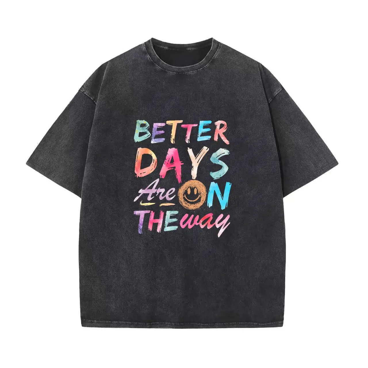

Better Days Are On The Way T-Shirt for Women | Motivational Quote Graphic Tee | Vintage Washed Happy Face Gift | Retro Optimism