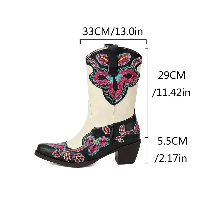 Girseaby Female Western Boots Pointed Toe Block Heels Slip On Mixed Color Flower Embroider Big Size 44 45 46 Casual Ankle Boots