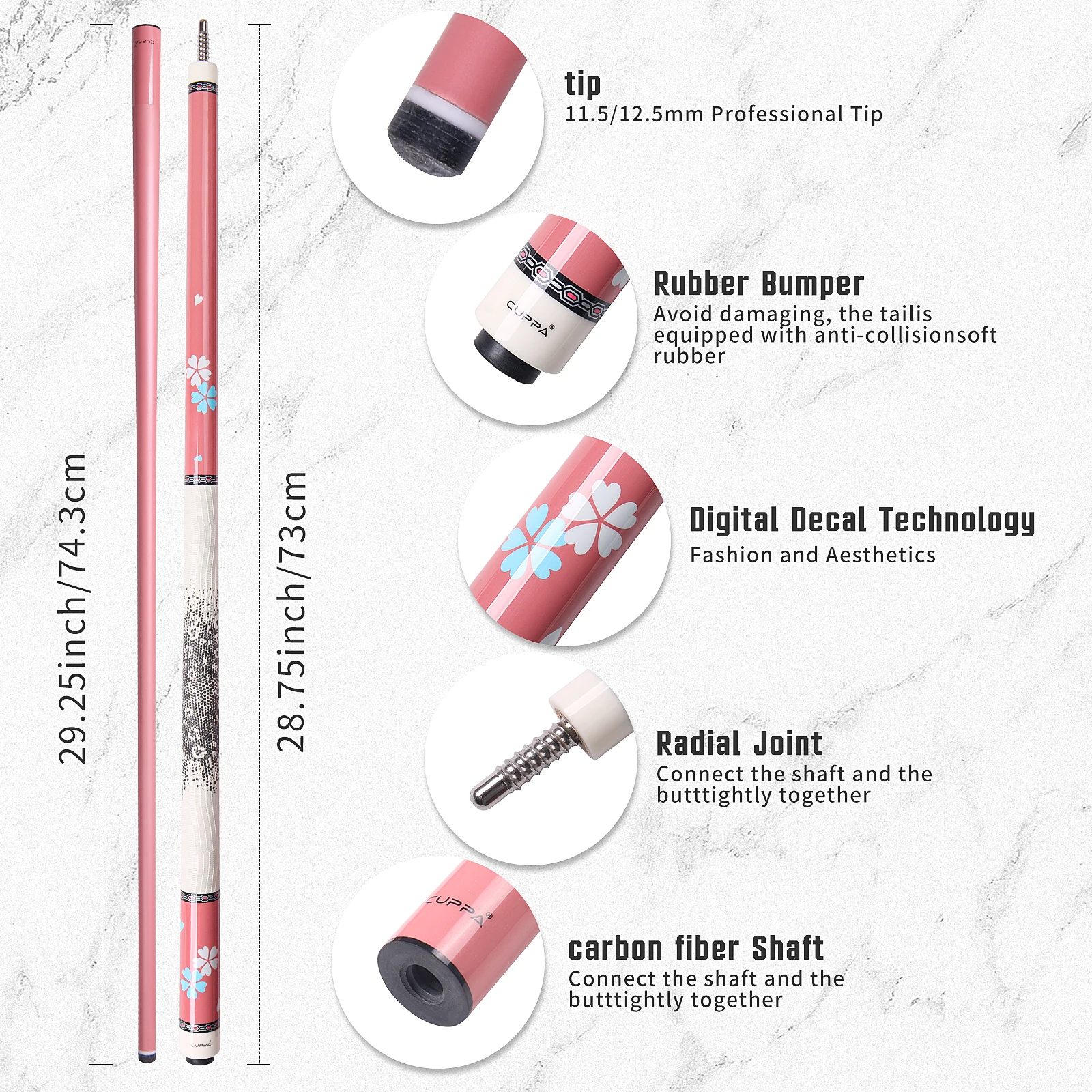 CUPPA Pink Carbon Fiber Pool Cue Set with Low-deflection Shaft Leather Grip Radial Joint 12.5mm Tip for women
