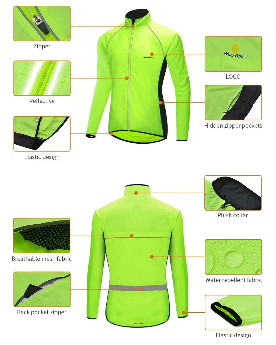 WOSAWE Men Windproof Waterproof Reflective Cycling Jacket MTB Bicycle Long Sleeve Windbreaker Sleeveless Vest Bike Coat Jersey