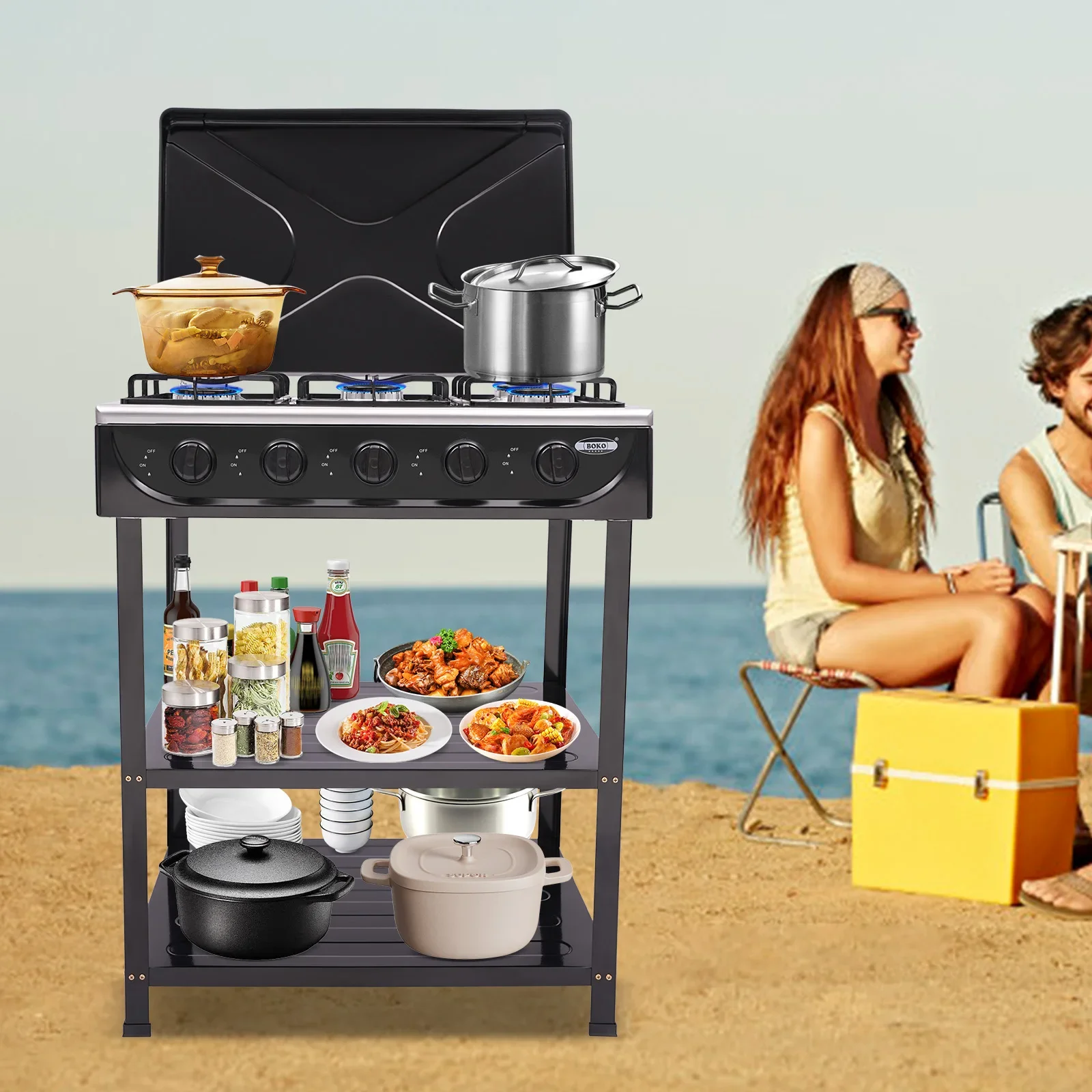 

Bymaocar Black Gas Stove with 5 Burners, Portable Outdoor Barbecue Stove W/ 2-layer Storage Rack for Camping, Fishing, RV Travel