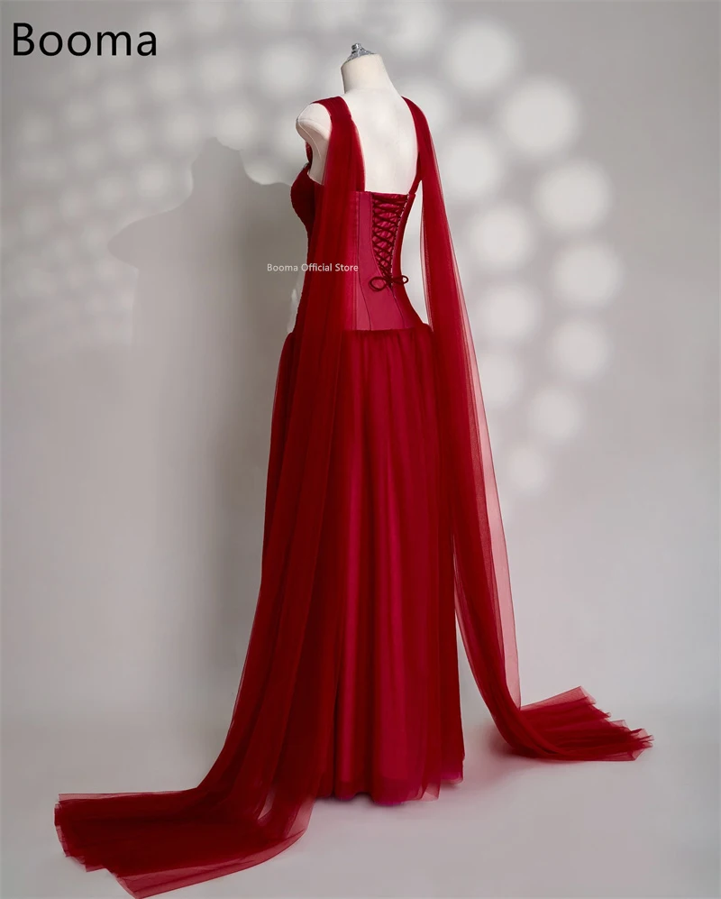 Booma A-Line eleganti abiti da ballo in tulle rosso senza spalline abiti formali lucidi per le donne abito da sera lungo senza maniche personalizzato 2025