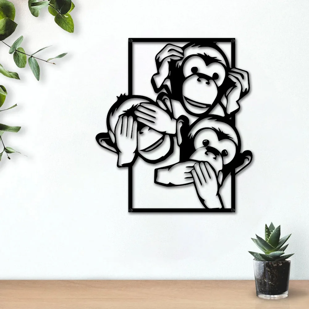 

"No See Hear Speak" Monkey Metal Wall Art Sign Silhouette Funny Metalwork Sculpture Primate Bathroom Decor