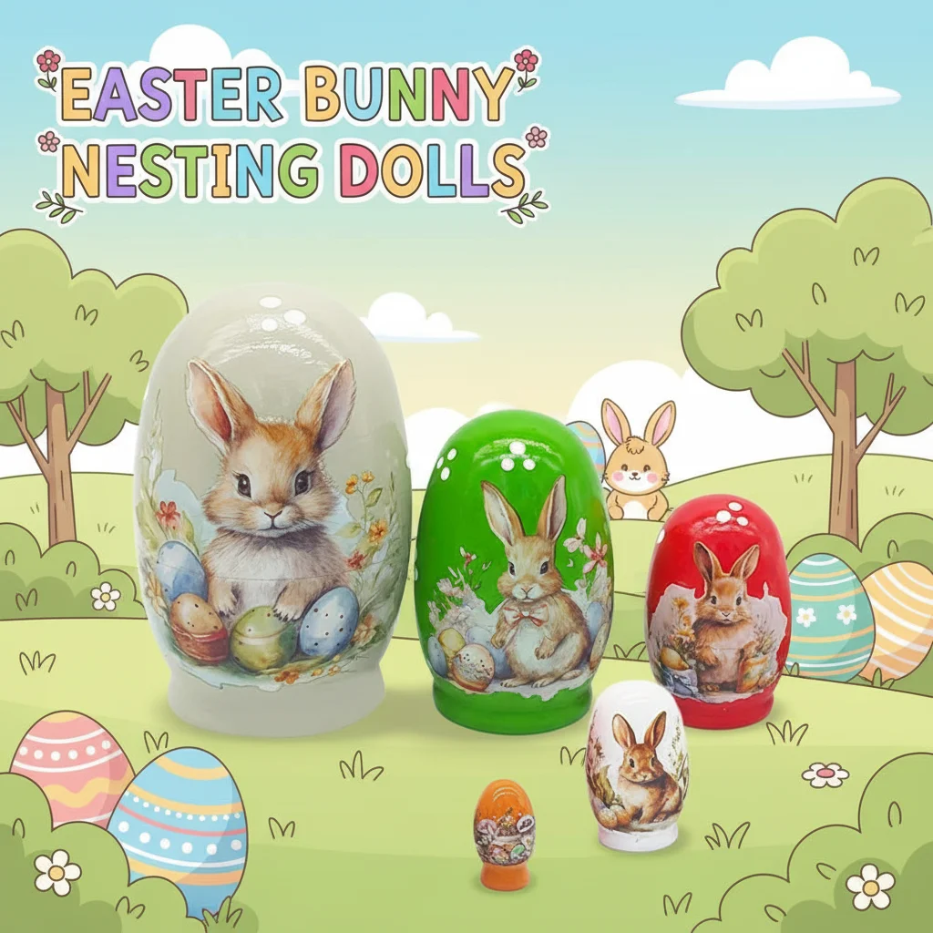 

Wooden Easter Bunny Nesting Dolls, 5-Piece Hand-Painted Russian Style Spring Rabbit Figurine for Dining Table Holiday Home Decor